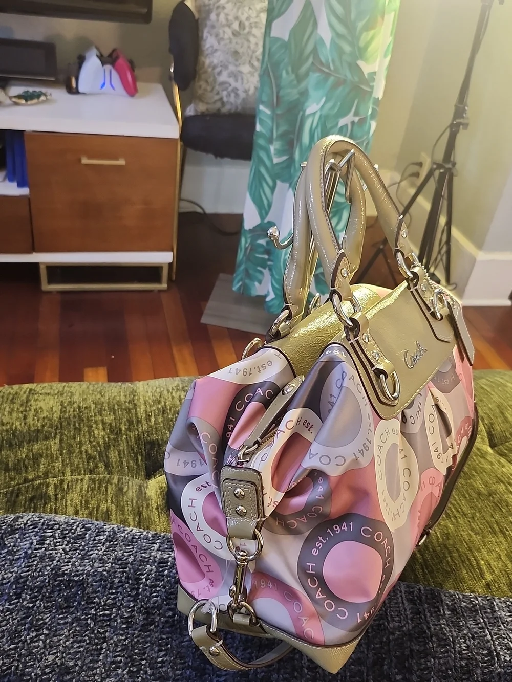 Coach Ashley Snaphead Satchel W/Pink & Olive Circle-Print Satin & Patent Trim - Picture 5 of 16
